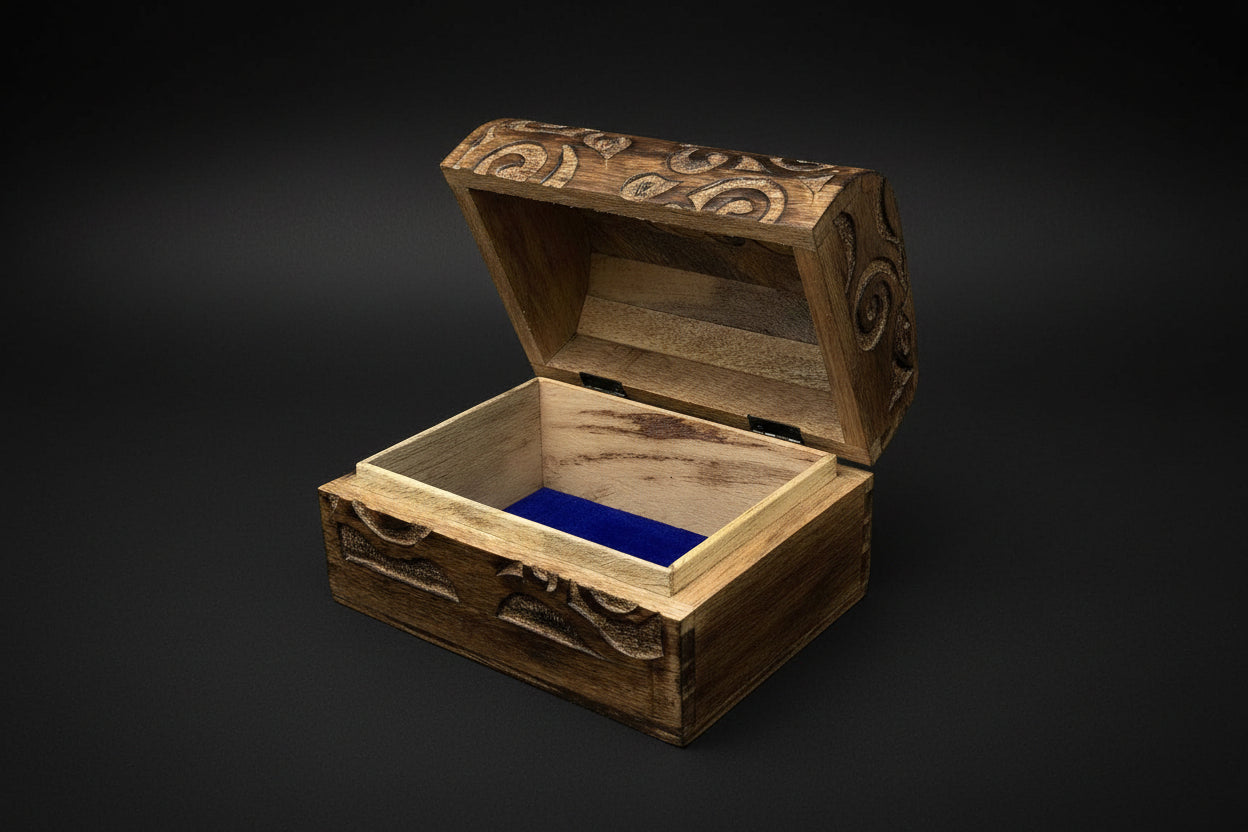 Wooden jewelry box with intricate carvings on a white background