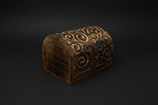 Bronze decorative box with intricate patterns on a white background