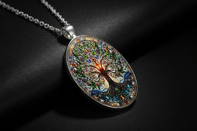 Oval Tree of Life gemstone mosaic pendant necklace