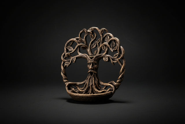 Bronze tree-like sculpture with a face on a white background