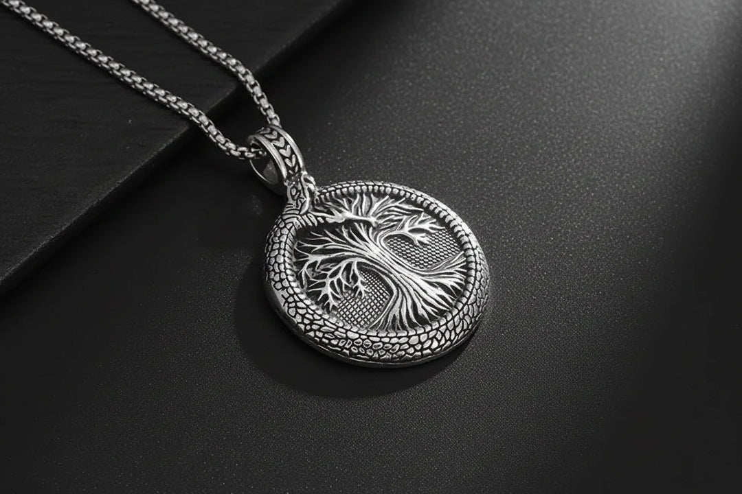 Double-sided Tree of Life and Ouroboros pendant necklace