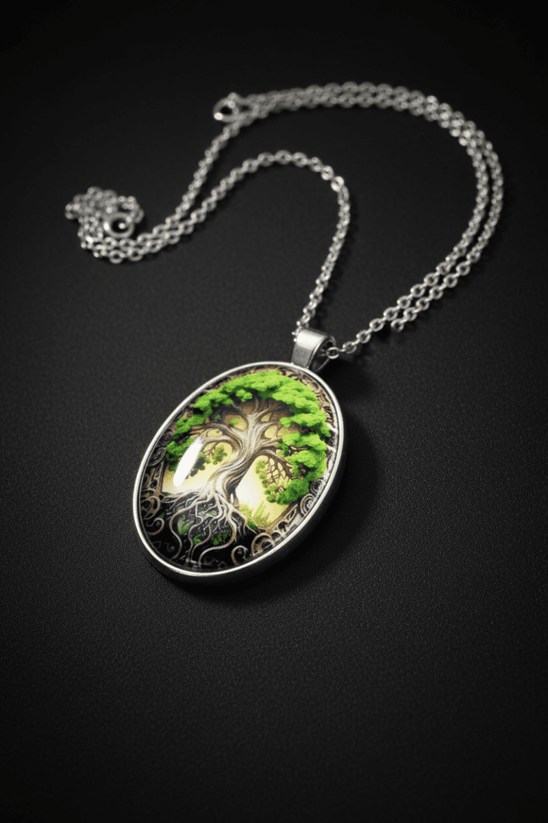 Tree of Life pendant necklace with circular silver-tone tree design