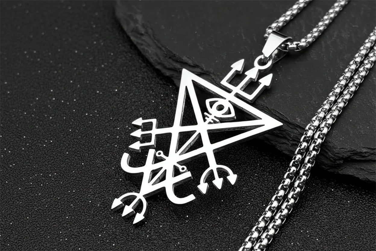 Silver pendant with intricate design on a black stone surface