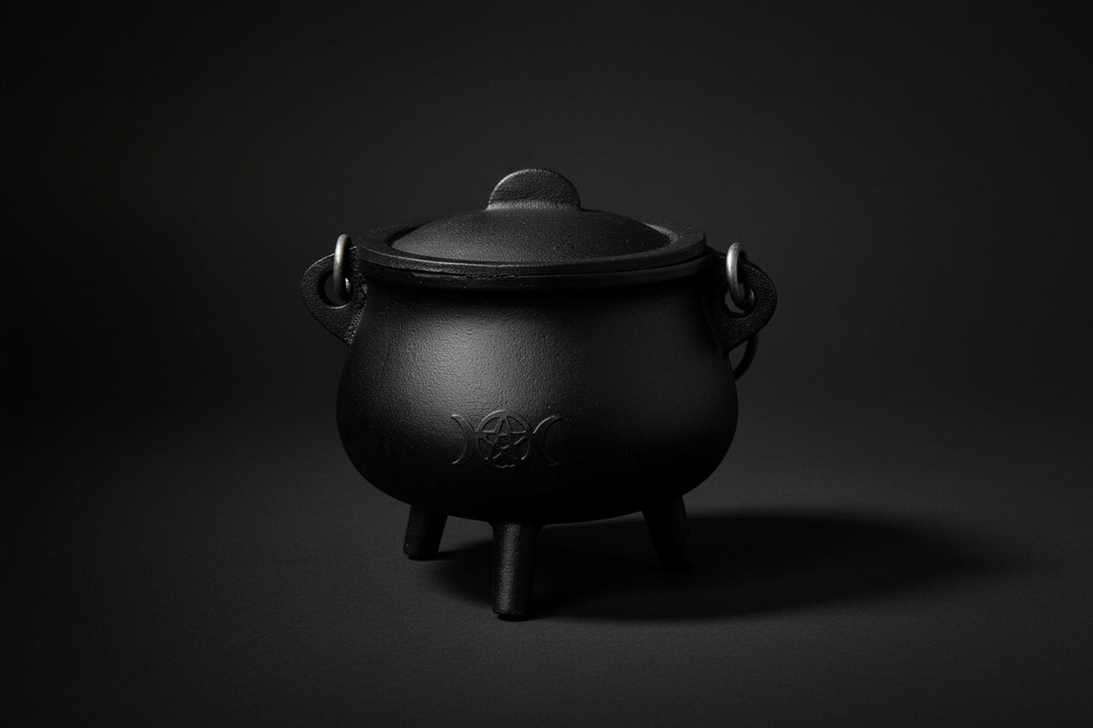 Triple Moon cast iron cauldron with lid, 6-inch size
