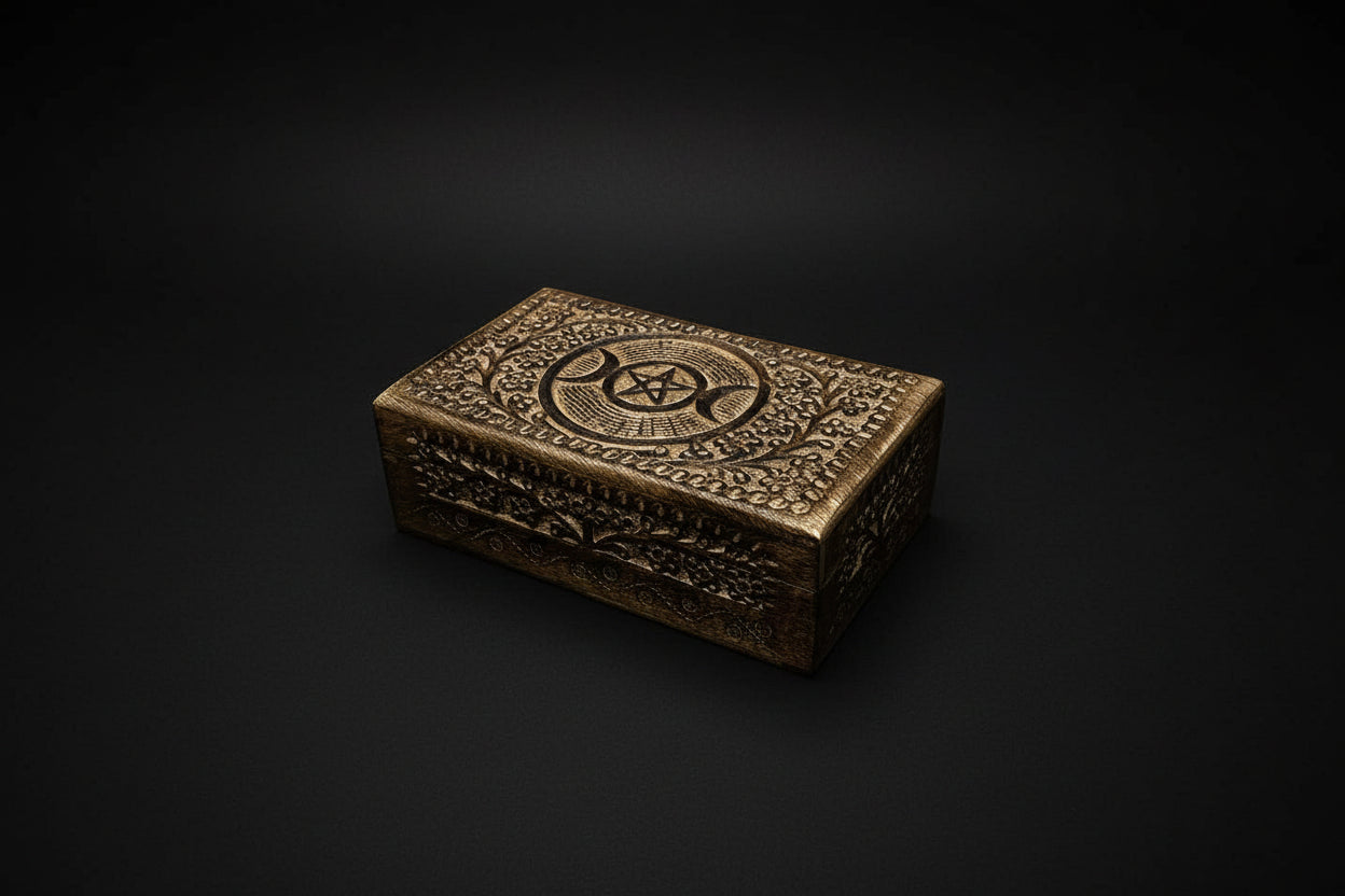 Triple Moon pentacle wooden altar storage box exterior view