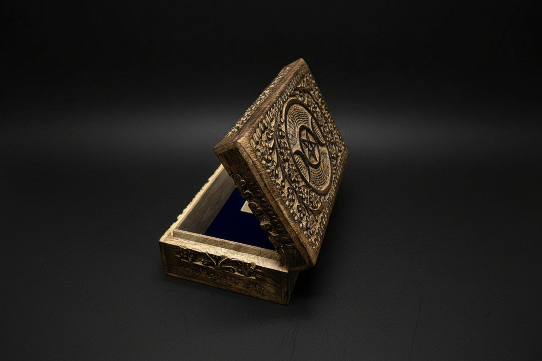 Triple Moon pentacle wooden altar storage box alternate view