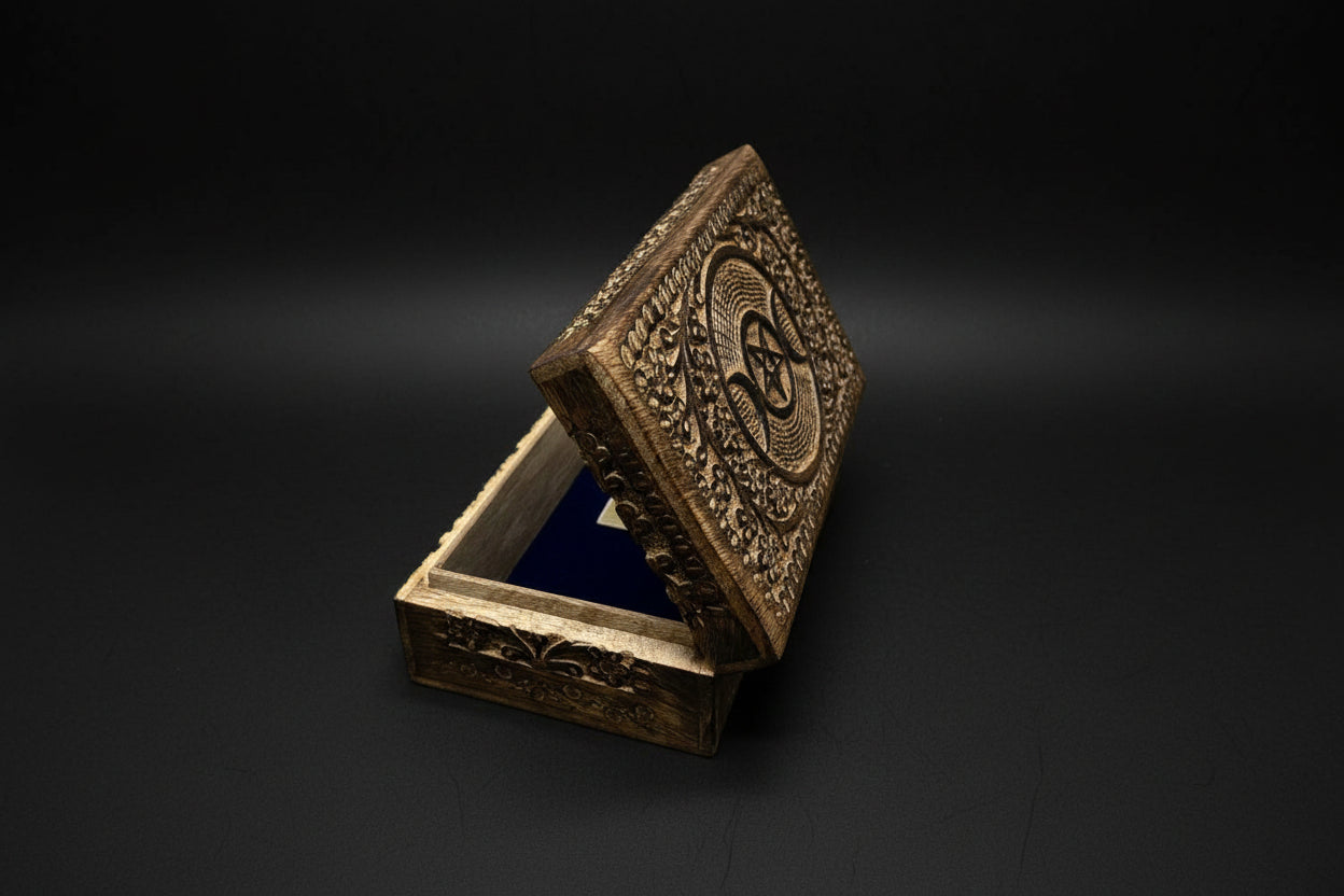 Triple Moon pentacle wooden altar storage box alternate view