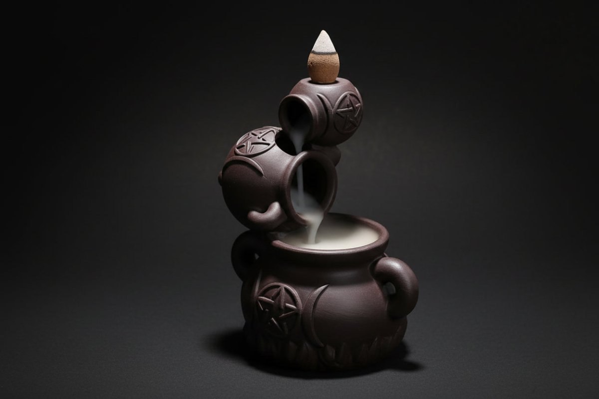 Triple Moon pentacle cauldron backflow incense burner