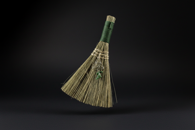 Altar broom with triquetra charm on a white background.