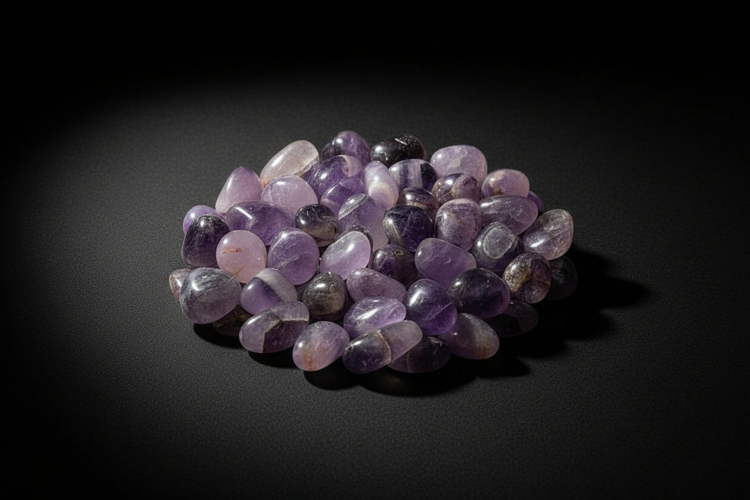 Assorted polished purple amethyst tumbled stones with varied shade, clarity, color zoning, and inclusions