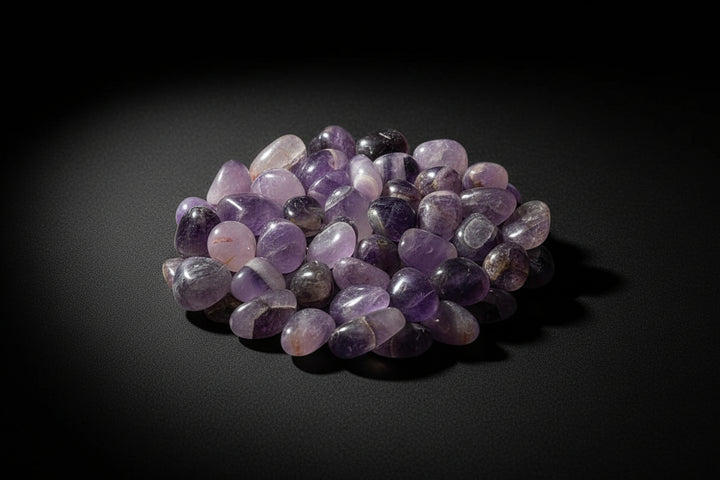 Assorted polished purple amethyst tumbled stones with varied shade, clarity, color zoning, and inclusions