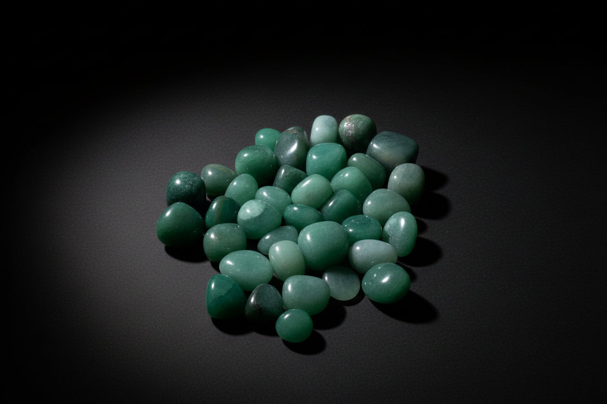Representative polished Green Aventurine stones; green shade, sparkle, inclusions, shape, and size vary