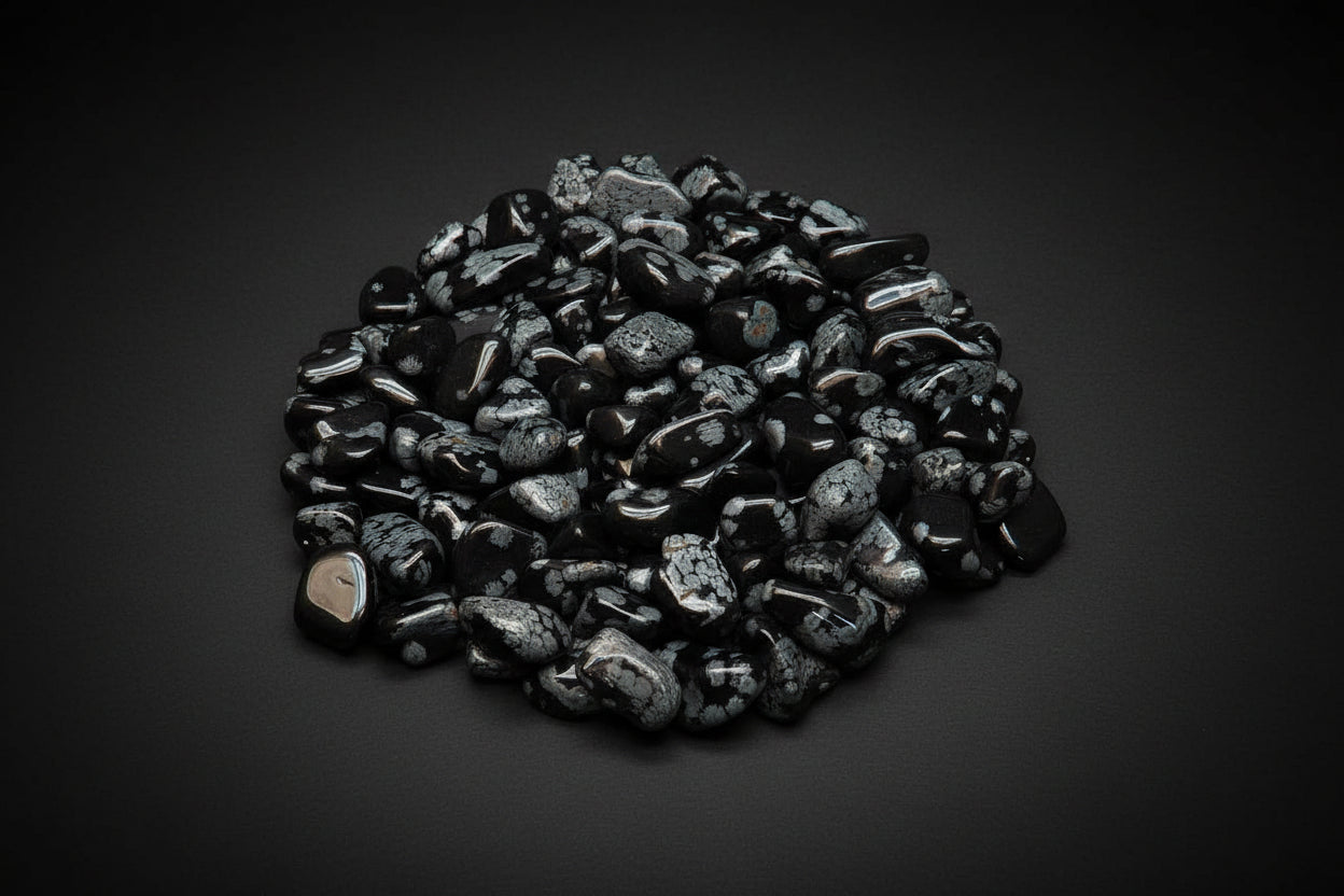 Heap of snowflake obsidian black and gray decorative stones on a white background