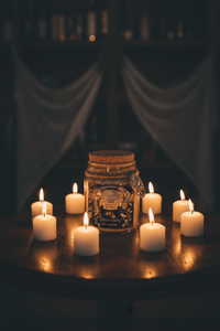 Jar with decorative elements surrounded by lit candles on a dark background