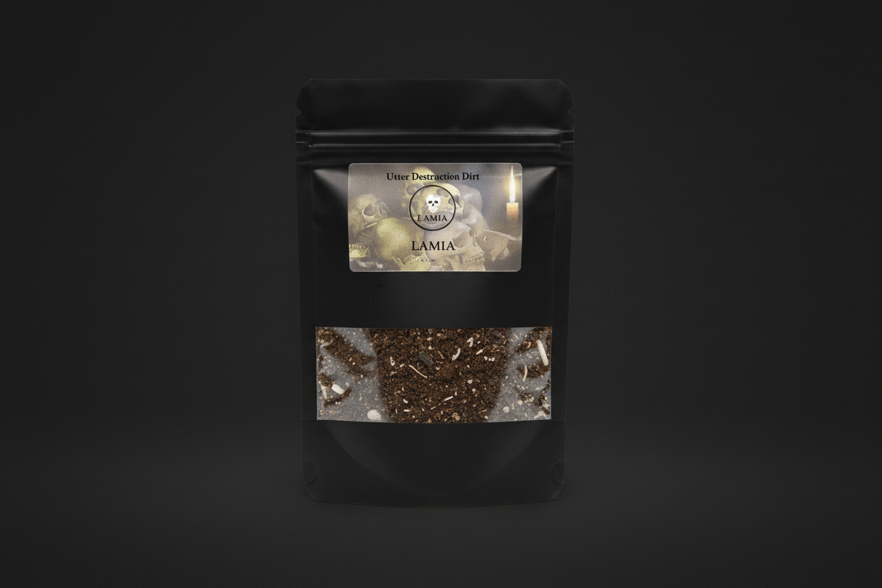A plastic bag with Utter Destruction Dirt in it on a black background.