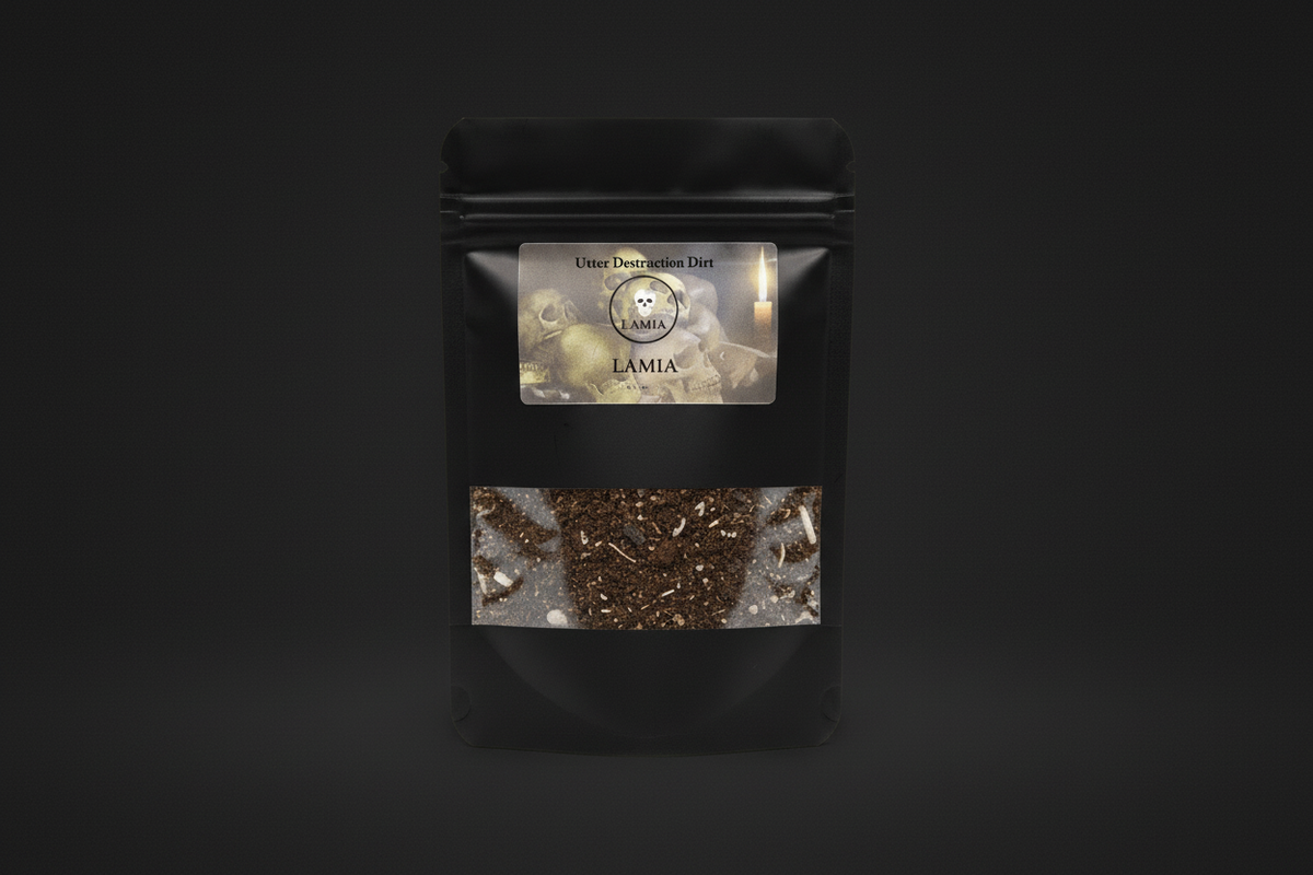 A plastic bag with Utter Destruction Dirt in it on a black background.