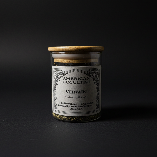 Organic dried cut-and-sifted vervain herb (Verbena officinalis) in a labeled glass ritual herb jar