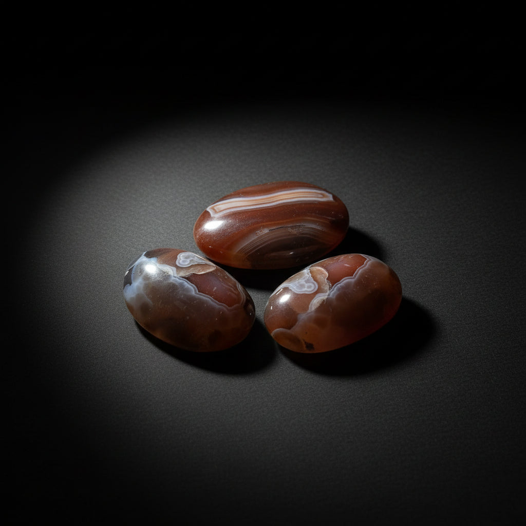 Representative assortment of polished Volcano Agate palm stones with gray, white, brown, and reddish banding