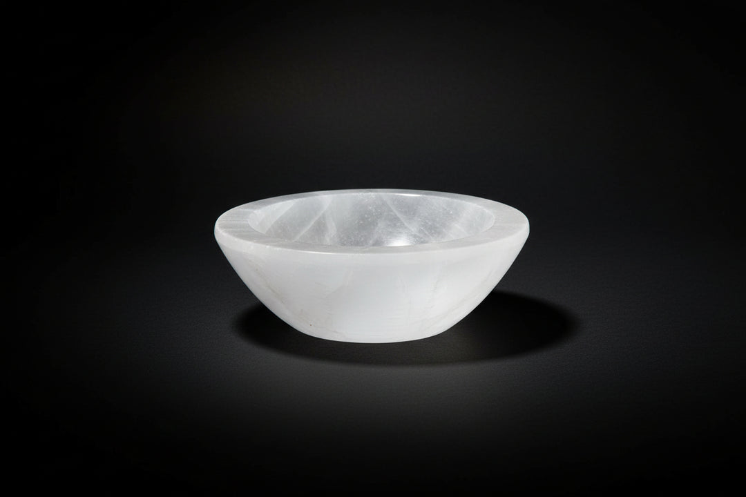 Carved white satin spar gypsum bowl for dry display
