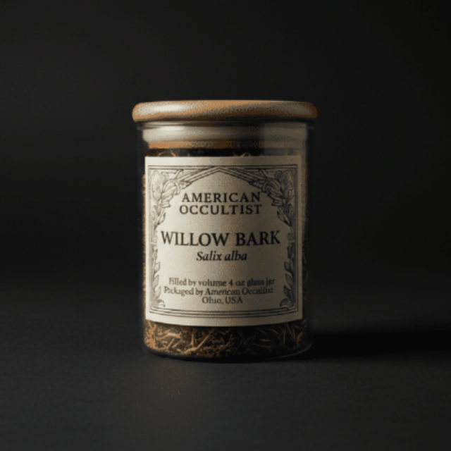 Organic dried cut-and-sifted white willow bark (Salix alba) in a labeled glass ritual herb jar