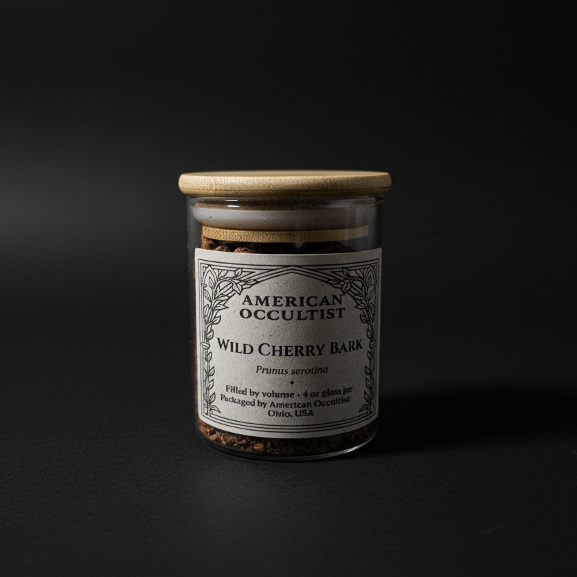 Organic dried cut-and-sifted wild cherry bark (Prunus serotina) in a labeled glass ritual herb jar
