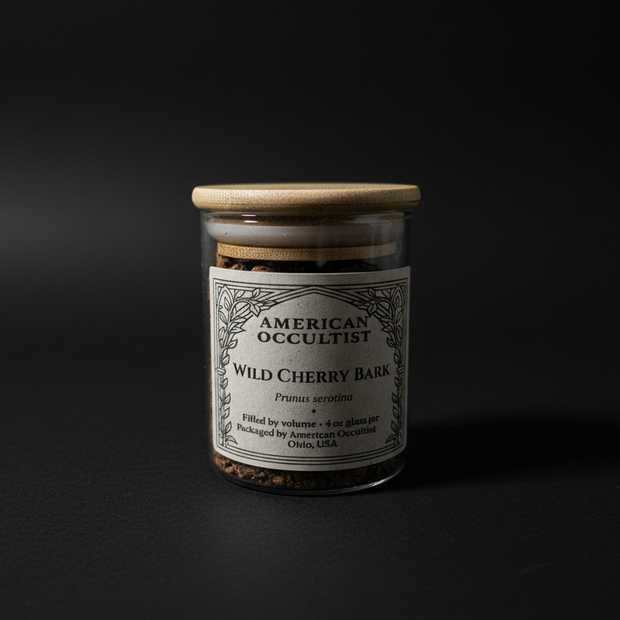 Organic dried cut-and-sifted wild cherry bark (Prunus serotina) in a labeled glass ritual herb jar
