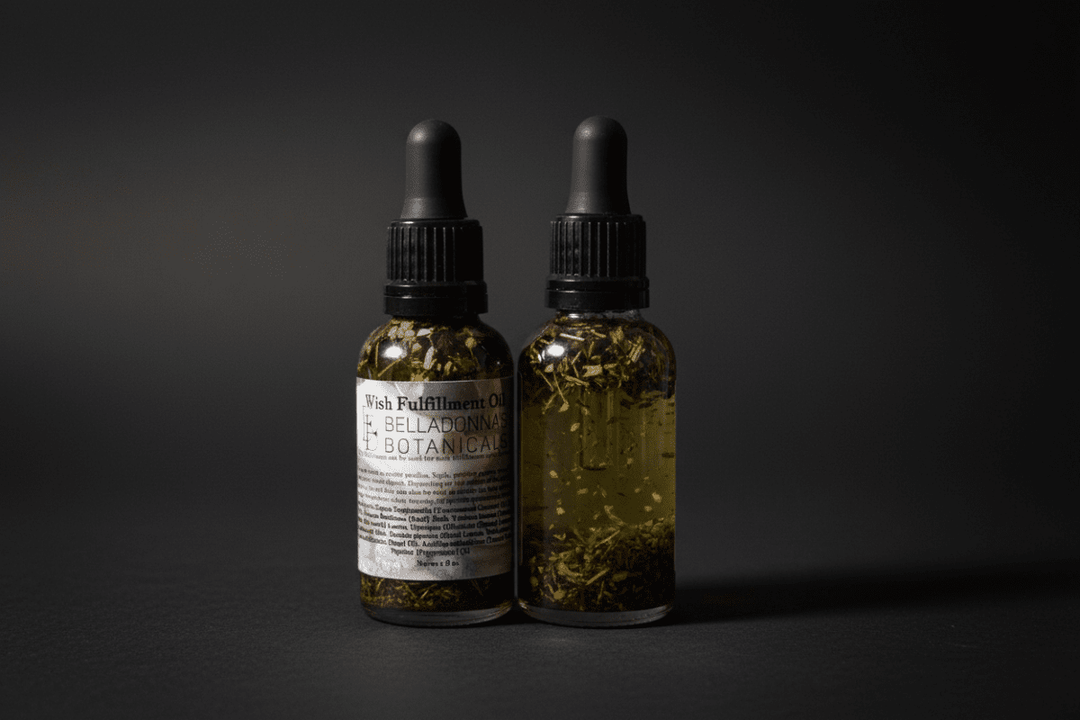 Two bottles of Wish Fulfillment Ritual Oil with droppers