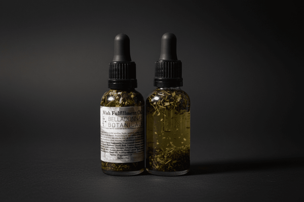 2 bottles of wish fulfillment oil with dropper on the black background