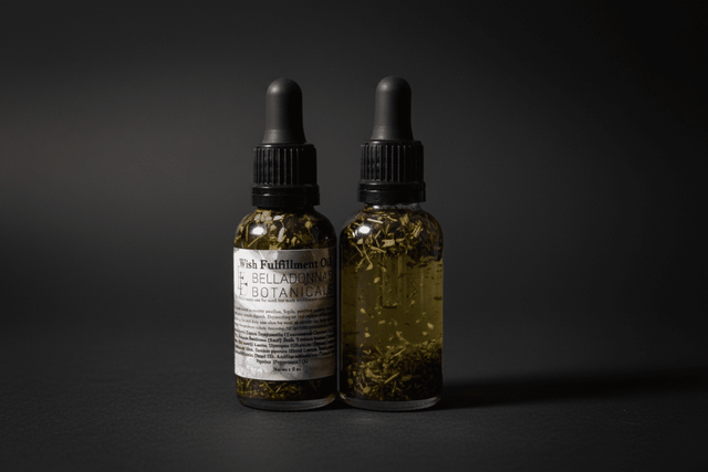2 bottles of wish fulfillment oil with dropper on the black background