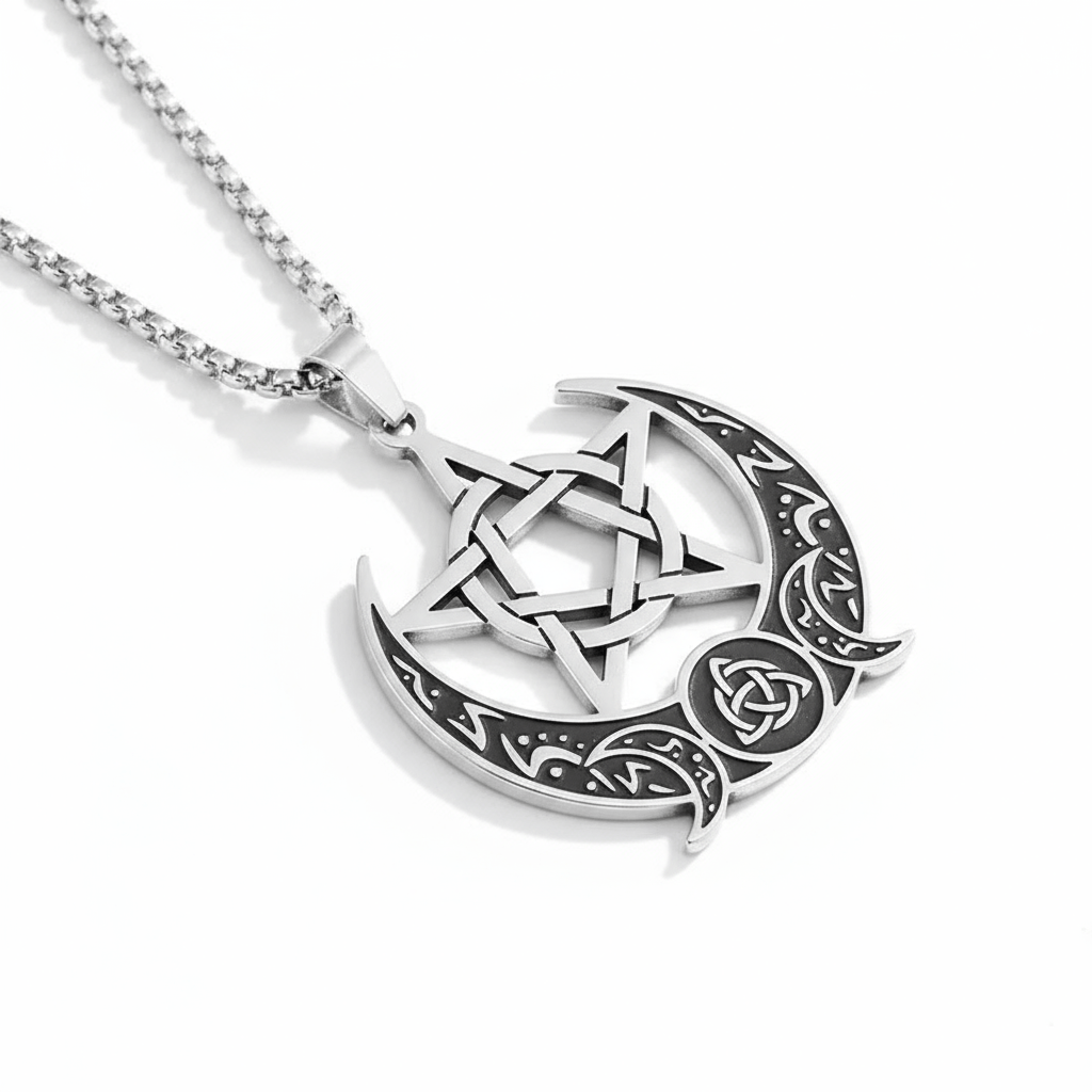 Silver necklace with a crescent moon and star pendant on a white background