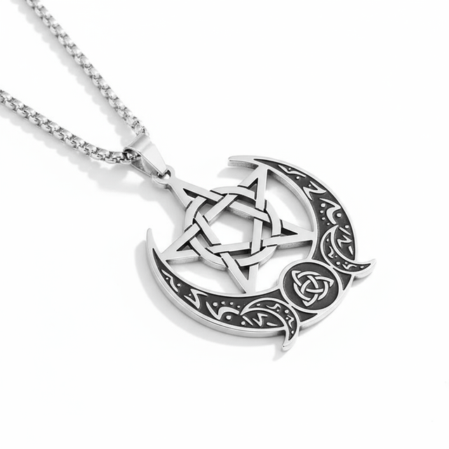 Silver necklace with a crescent moon and star pendant on a white background