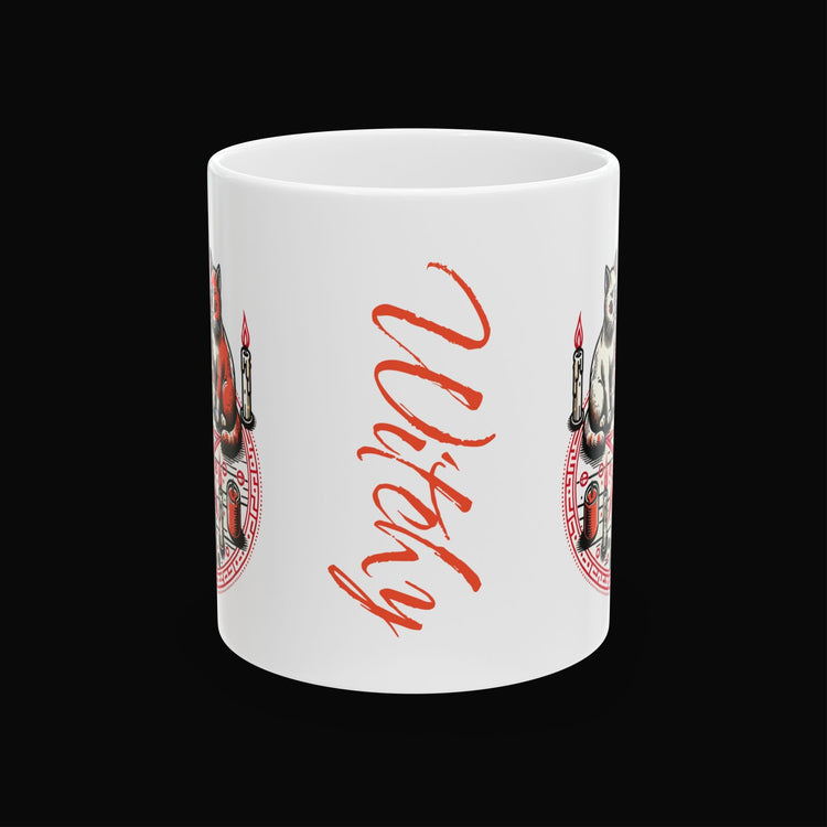 Witchy Cat Spell Mug – 11 oz & 15 oz Ceramic Mugs with Pentacle, Spellbook & Candles