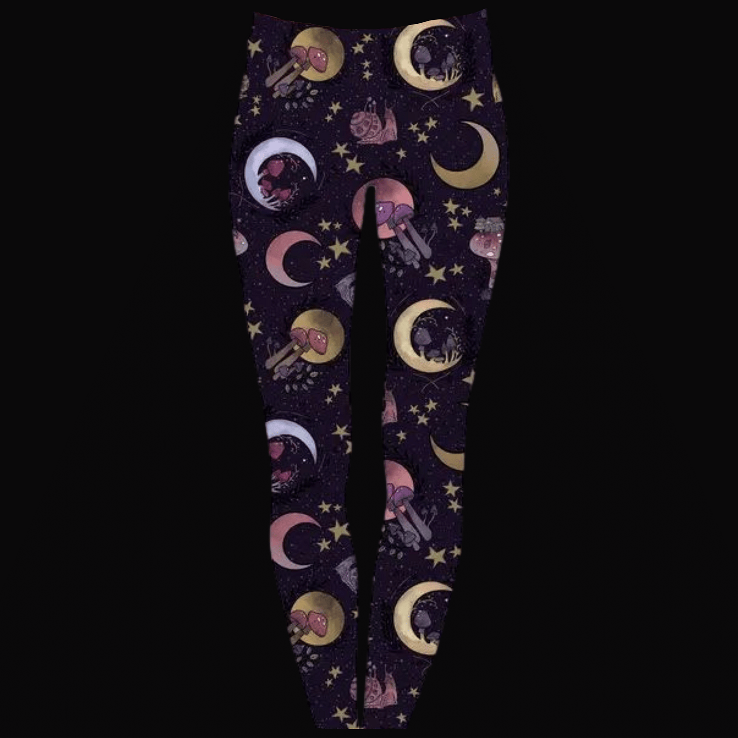 A pair of leggings featuring a pattern with mushrooms, moons, stars, and celestial motifs on a dark background.