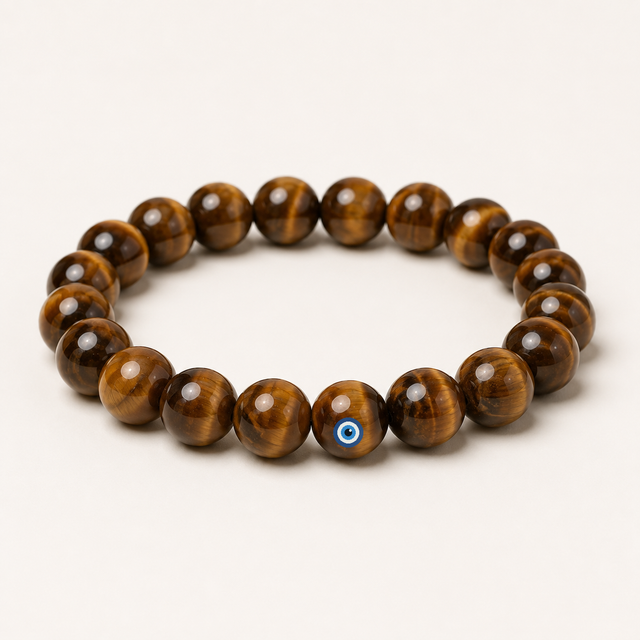 Round wood beaded stretch bracelet with warm natural grain and a blue evil eye accent bead.