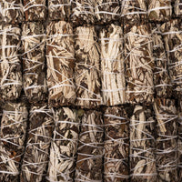 Close-up of bundles of sage tied together with twine.
