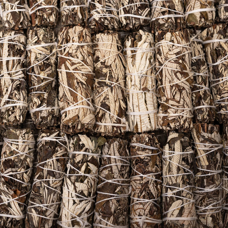 Close-up of bundles of sage tied together with twine.